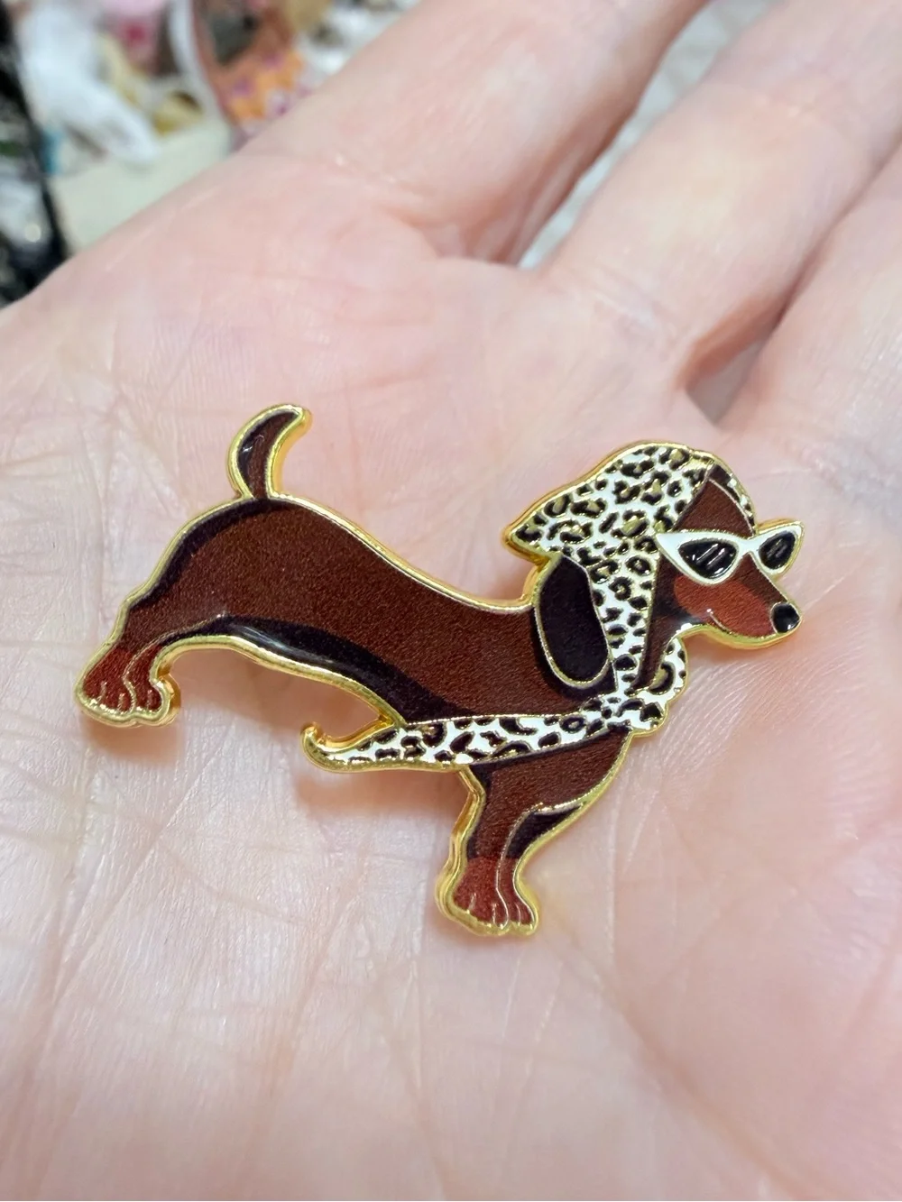 Brown Dachshund Enamel Brooch with Leopard-Print Scarf